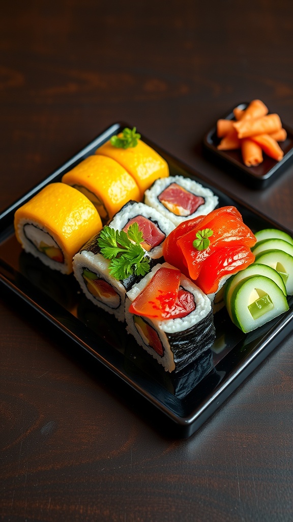 A platter of three sushi rolls: California roll, spicy tuna roll, and cucumber roll, garnished with wasabi and pickled ginger.